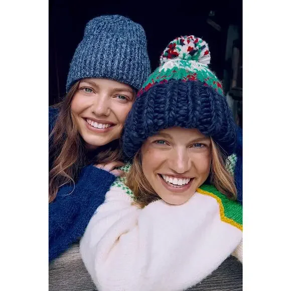 Free People Tide Stripe Knit Pom Beanie Navy Multi Fair Isle Nordic Boho Winter - Picture 4 of 6